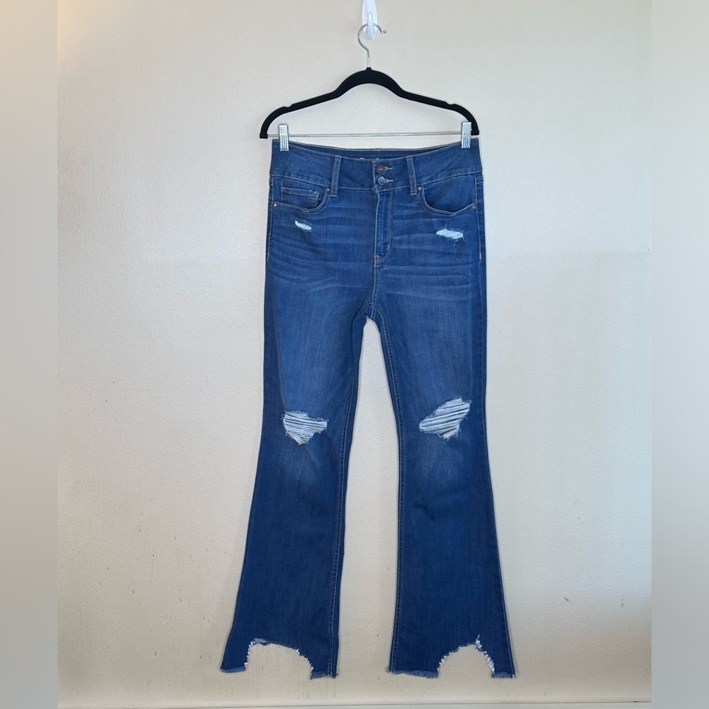Rewash Jeans Medium Wash Size 9/29 Flare Torn Hem High Rise Stretch Denim - Picture 4 of 11